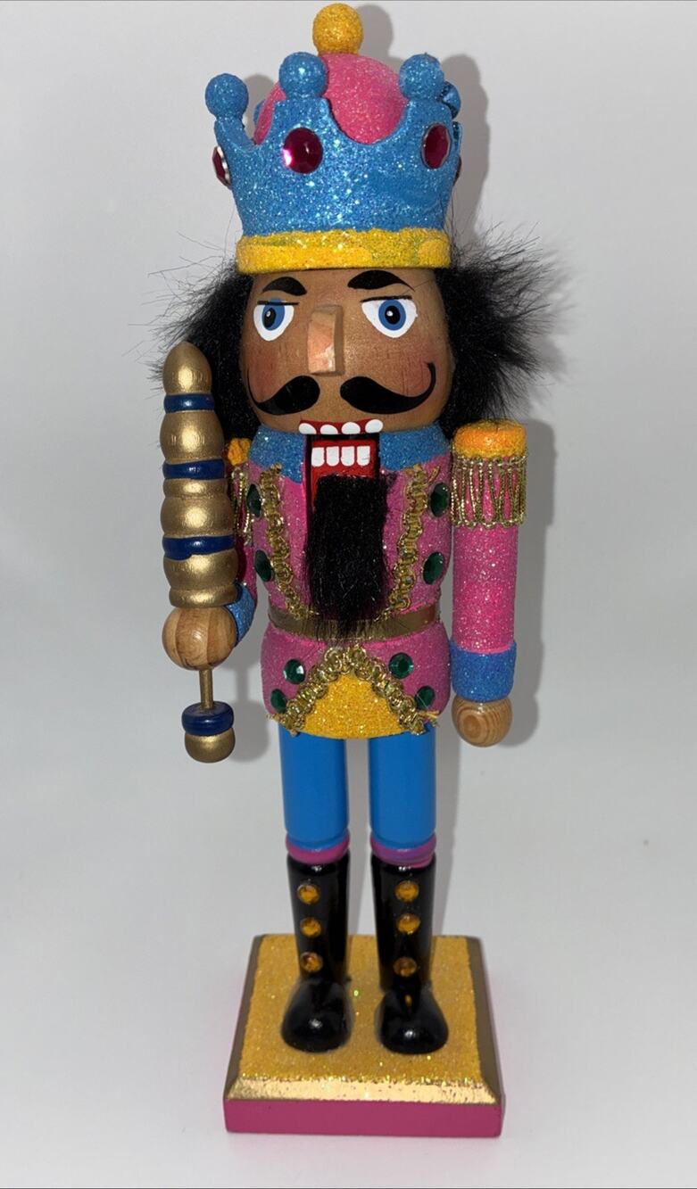 Black African American King with Crown Wooden Christmas Nutcracker 9 In PINK